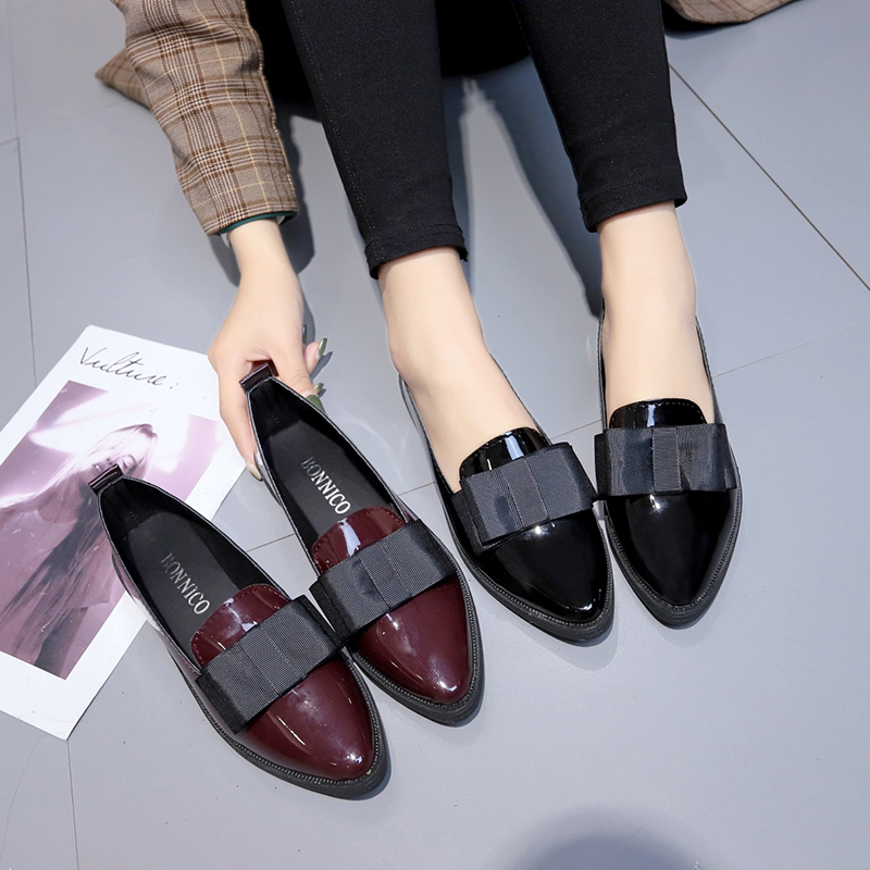 Women Shoes On Sale - Schwarze/Weinrote Lackleder-Spitzschuhe, Slipper mit Schleifenknoten, Vielseitige