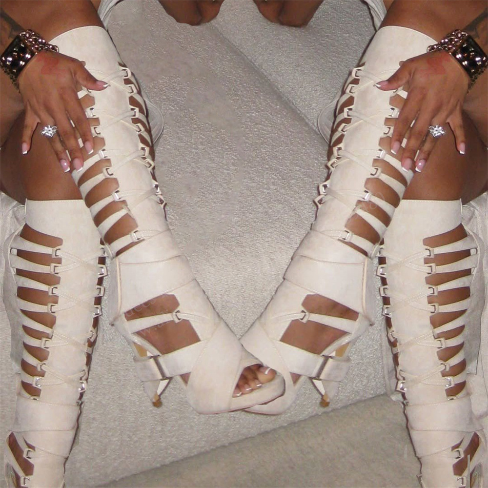 High Knee Heel Boots - Gladiator-Stiefel mit hohler Schnalle, kniehoch, 2026