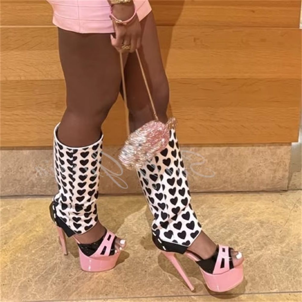 High Knee Heel Boots - Damen Rosa Herz-Dekor Kniehohe Stiefel Sexy