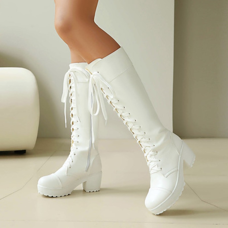 High Knee Heel Boots - Kniehohe Damen-Kampfstiefel zum Schnüren, klobige Plateau-Gothic-Stiefel,