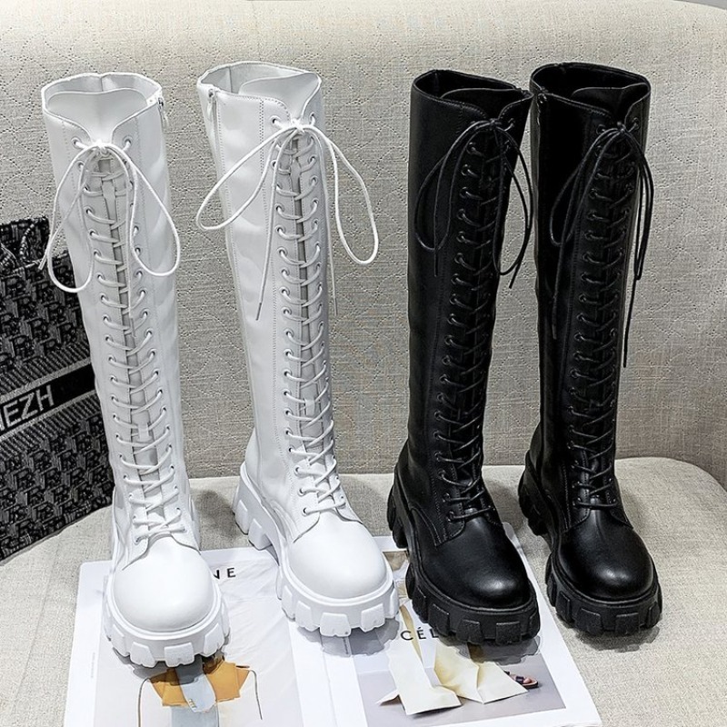 High Knee Heel Boots - Damen-Kniehohe Stiefel mit Schnürung, Combat-Booties, Plateau-Sohle,