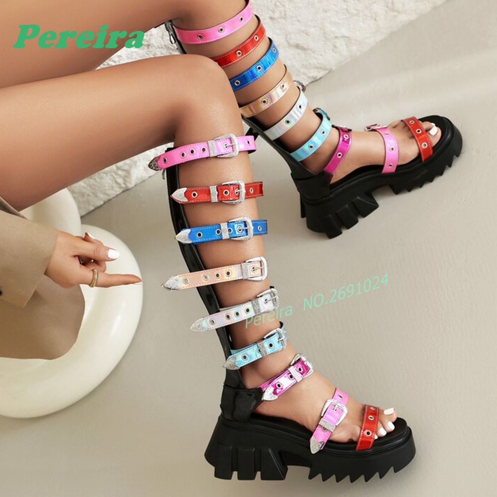 Bunte Mehrfach-Schnallenriemen – High Knee Heel Boots Bewertung und Preis