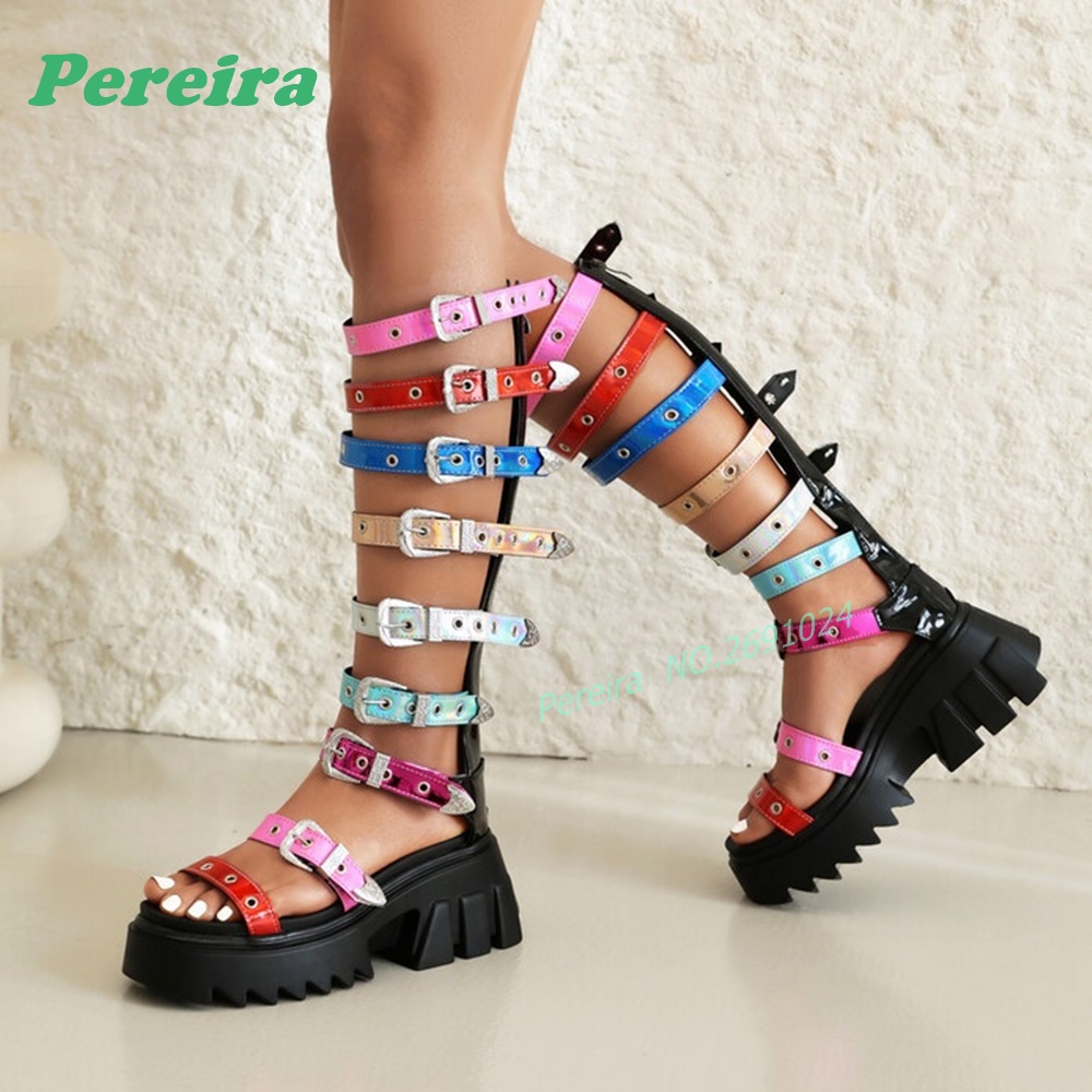 Bunte Mehrfach-Schnallenriemen – High Knee Heel Boots Bewertung und Preis