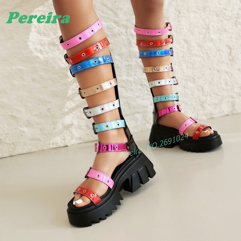 Bunte Mehrfach-Schnallenriemen – High Knee Heel Boots Bewertung und Preis